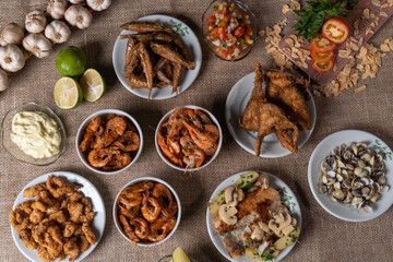 Shrimp, seadfoof to restaurants. Fried frish. 
