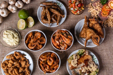 Shrimp, seadfoof to restaurants. Fried frish. 