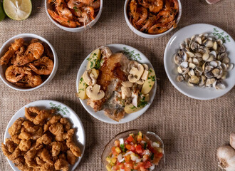 Shrimp, seadfoof to restaurants. Fried frish. 