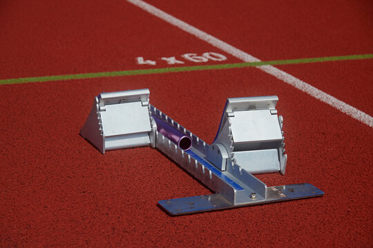 Close up of starting blocks at an athletics running track