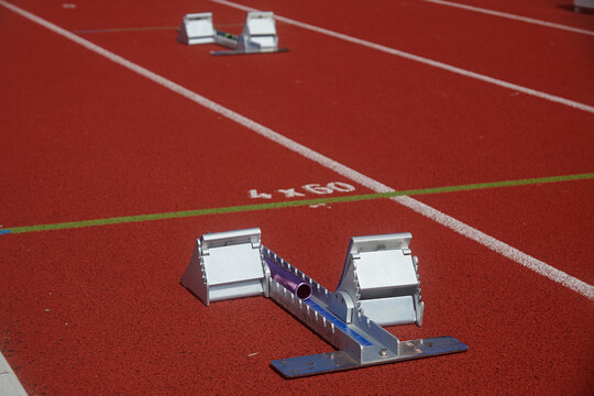 Close up of starting blocks at an athletics running track