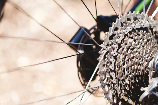 Close up of mountain bike sprockets and chain
