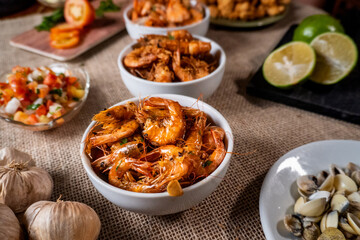 Shrimp, seadfoof to restaurants. Fried frish. 