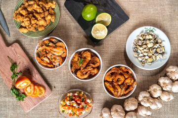 Shrimp, seadfoof to restaurants. Fried frish. 