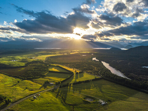 Evening aerial view of Southland, New Zealand