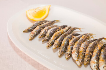 Espetos on plate. Malaga, Spain