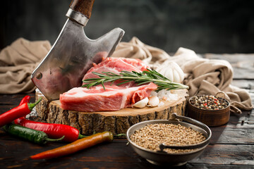 Raw meat with spices, on a cutting table.Natural product.