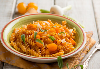 lentils pasta with yellow tomatoes and sage