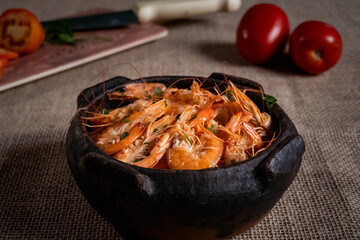 Shrimp, seadfoof to restaurants. Fried frish. 