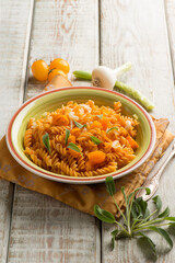 lentils pasta with yellow tomatoes and sage