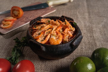 Shrimp, seadfoof to restaurants. Fried frish. 