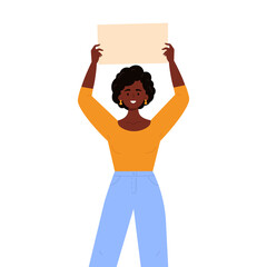 Girl holding a blank poster with place for text. A young woman holds a bullet leaf in her hands. Teenage girl shows a poster. Hand drawn style vector trendy illustration.