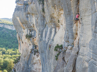 Aerial shot of rock climber in Buoux, Vaucluse, France