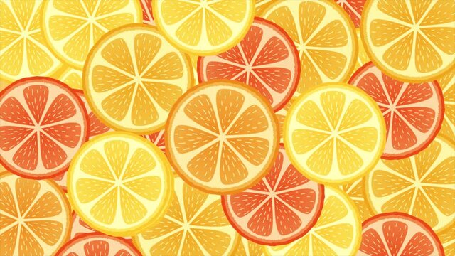 Animation of orange slices.  citrus, grapefruit, lemon looped animated pattern for background, banner, presentation, packaging, cafe. Fresh fruits, summer design in bright yellow and orange colors. 