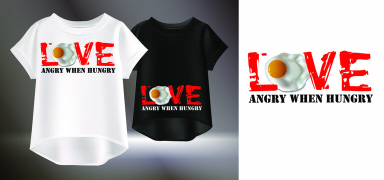 Fashionable print for a T-shirt. Vector illustration of women's T-shirts with a pattern. Isolated image of women's clothing. Drawing of food and letters on the t-shirt.