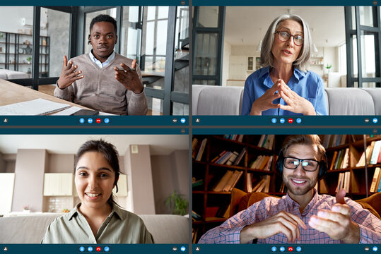 Four diverse business people colleagues participate virtual team meeting on video conference call. Social distance workers having remote videoconference online chat. Computer videocall app screen view