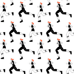 Seamless pattern with running women. Print with cartoon character.
