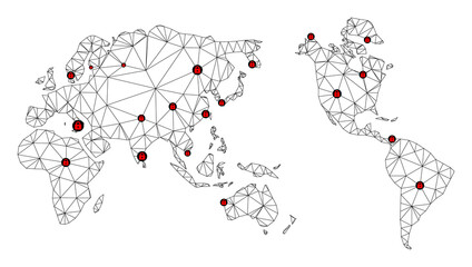 Polygonal mesh lockdown map of Earth. Abstract mesh lines and locks form map of Earth. Vector wire frame 2D polygonal line network in black color with red locks. Frame model for epidemic purposes.