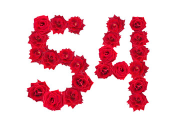 Numeral 54 made of red roses on a white isolated background. Element for decoration. fifty four....