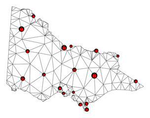 Polygonal mesh lockdown map of Australian Victoria. Abstract mesh lines and locks form map of Australian Victoria. Vector wire frame 2D polygonal line network in black color with red locks.