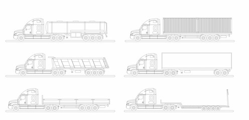 A set of images of a modern American truck with different variants of semi-trailers. Excursion.