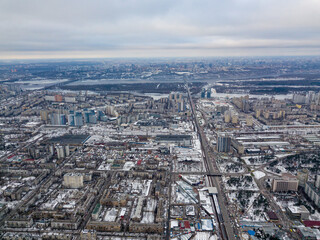Snowy residential area of Kiev. Aerial drone view. Winter snowy morning.