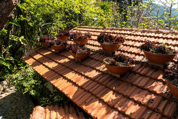 Closeup of the old red clay roof tiles
