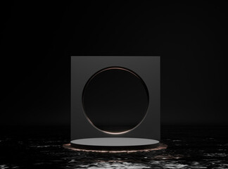 Round stone pedestal, black cylinder in dark water. 3d render illustration. Gold glitter decor design. Empty base for product promotion. Luxury golden mockup with frame