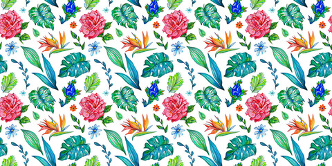 Fantastic seamless pattern flowers set with fabulous flowers and Strelitzia on white isolated background.