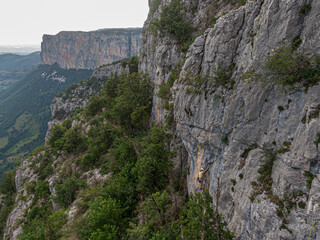 Aerial view of single pitch rock climbing in Presles, Vercors, France