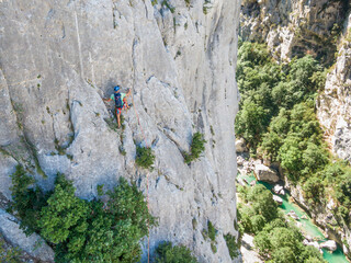Climber in multi pitch route birds eye view, Gorges du Verdon, France