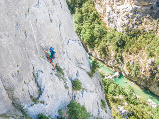 Rock climbing above the river Gorges du Verdon, France - Aerial