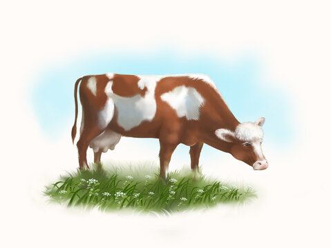 Red spotted cow on a green lawn. Digital illustration.