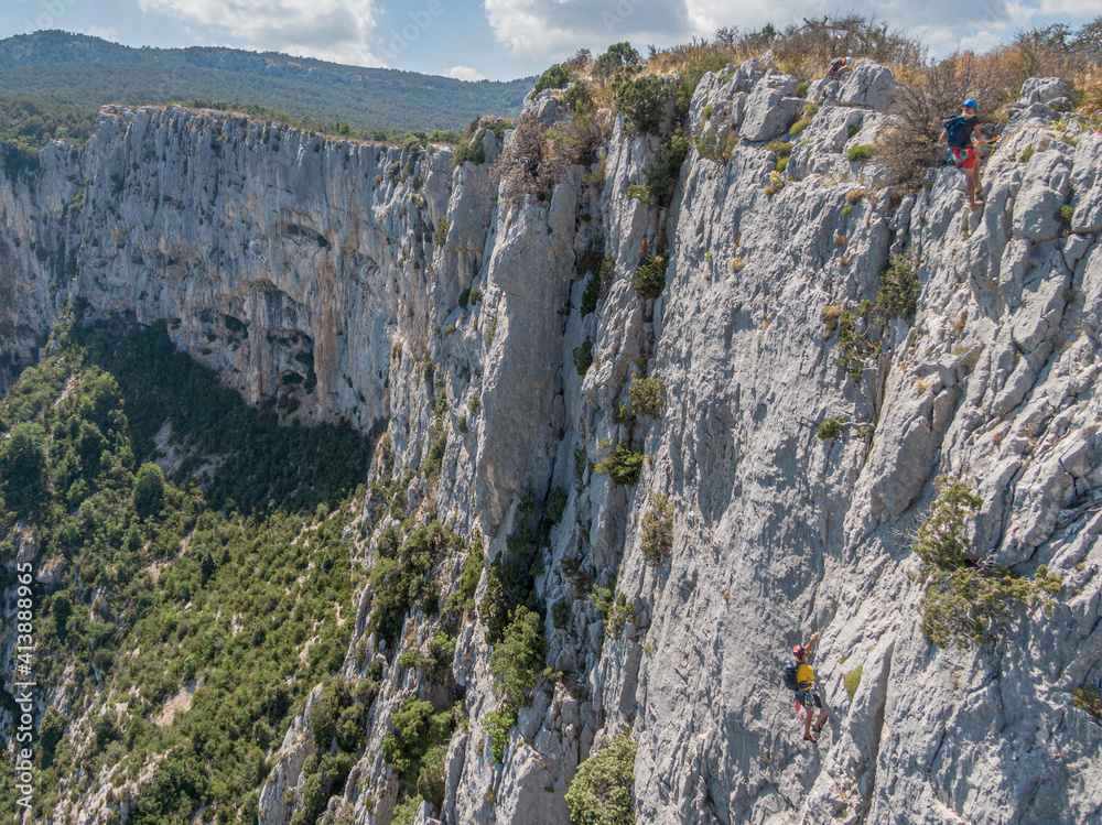 Sticker drone shot climbers on big wall, Gorges du Verdon, France