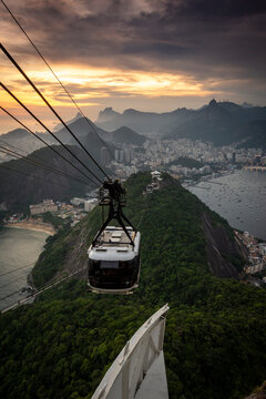 Beautiful view to Sugar Loaf Mountain cable car during sunset time