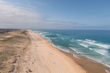 Sand dunes in front of the ocean, aerial view, les casernes beach, seignosse, landes, france