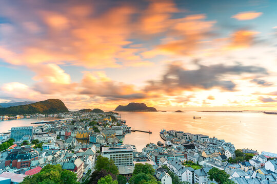 Sunset over Alesund seen from Aksla mountain, Norway