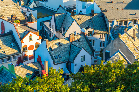 Roofs of Art Nouveau buildings from above, Alesund, Norway