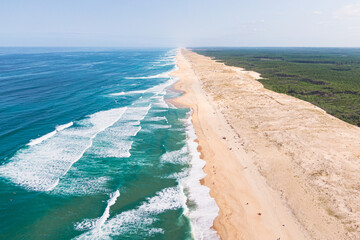 Panoramic view of the beach with waves on the atlantic ocean, seignosse, landes, france