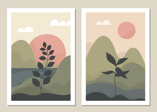 Art landscape wall set. Botanical. Abstract landscape design for covers, posters, prints, wall art in a minimalist style. Vector.