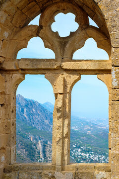 View from stone window of Saint Hilarion Castle, Cyprus
