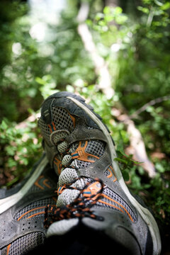 Close-up of mountaineering boots during a break.