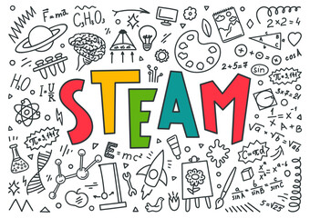 STEAM. Science, technology, engineering, art, mathematics. Education doodles and hand written word "STEAM"