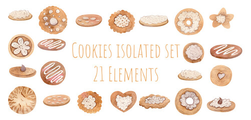 Big watercolor set of cookies. Isolated objects on white background.