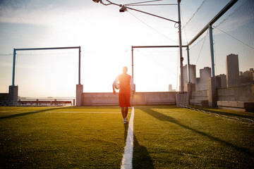 Rear view of man carrying ball while walking on soccer field during sunny day