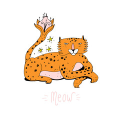 Cute cartoon leopard in doodle style. Funny charismatic animal character with flower tale. Good for greeting card or poster for nursery or kids room, t-shirt or design. Vector illustration