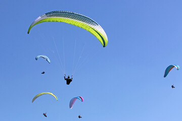Paraglider flying wing in a blue sky	