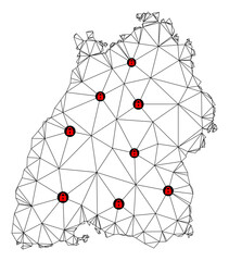 Polygonal mesh lockdown map of Baden-Wurttemberg State. Abstract mesh lines and locks form map of Baden-Wurttemberg State. Vector wire frame 2D polygonal line network in black color with red locks.