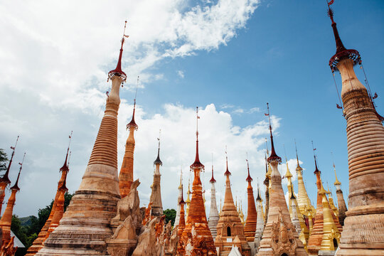 Stupas with spires at Shwe Indein Pagoda against sky