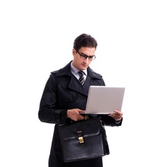 Young businessman with laptop isolated on white background